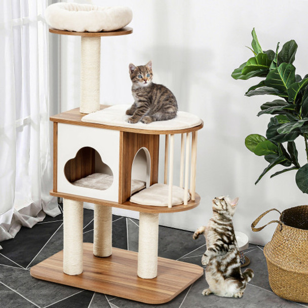 46 Inch Wooden Cat Activity Tree with Platform and Cushions-Brown