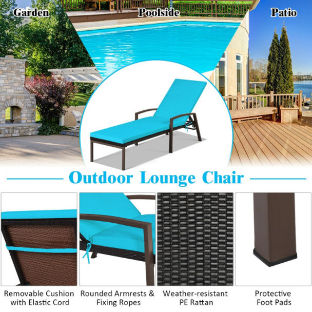 Patio Rattan Lounge Chaise Recliner with Back Adjustable Cushioned-Turquoise