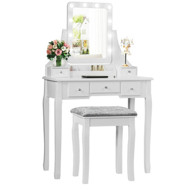 Vanity Dressing Table Set with 10 Dimmable Bulbs and Cushioned Stool-White