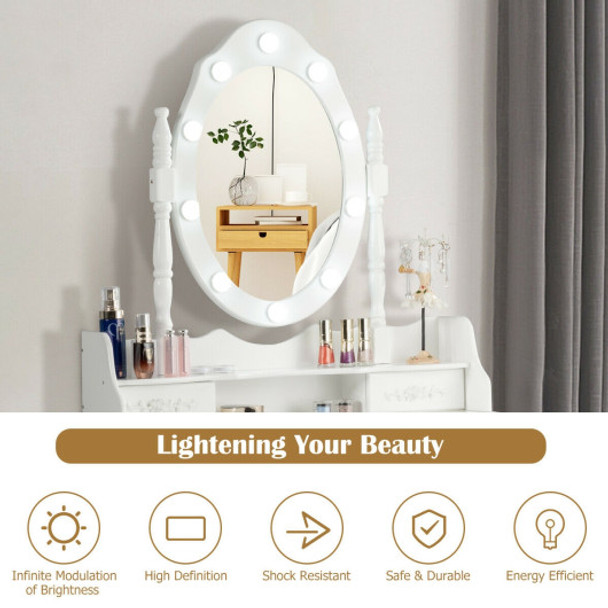 Makeup Vanity Dressing Table Set with Dimmable Bulbs Cushioned Stool-White