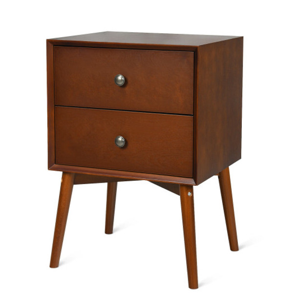 Nightstand Mid-Century End Side Table with 2 Drawers and Rubber Wood Legs-Brown