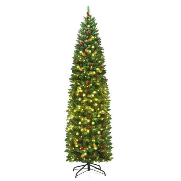 7.5 Feet Pre-lit Hinged Pencil Christmas Tree with Pine Cones Red Berries
