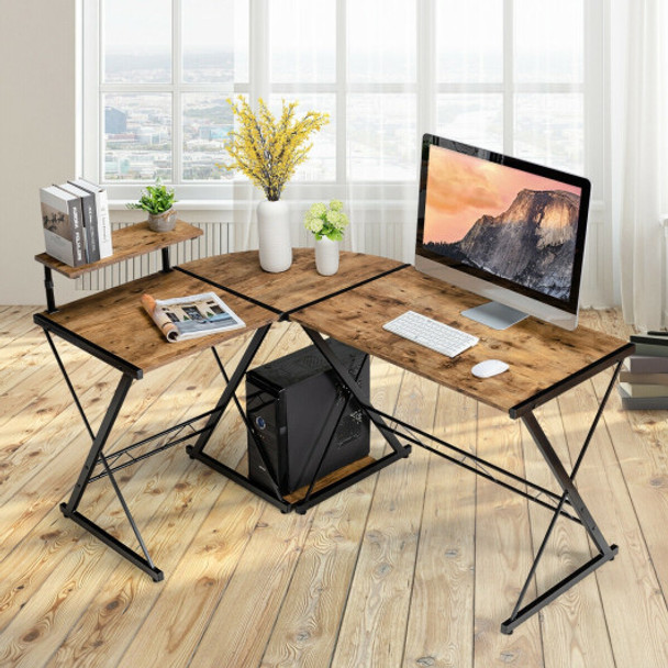 L-Shaped Desk Reversible Corner Computer Desk with Movable Shelf and CPU Stand-Rustic Brown