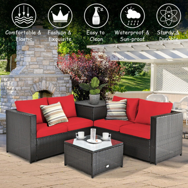 4 Pcs Outdoor Patio Rattan Furniture Set with Cushioned Loveseat and Storage Box-Red