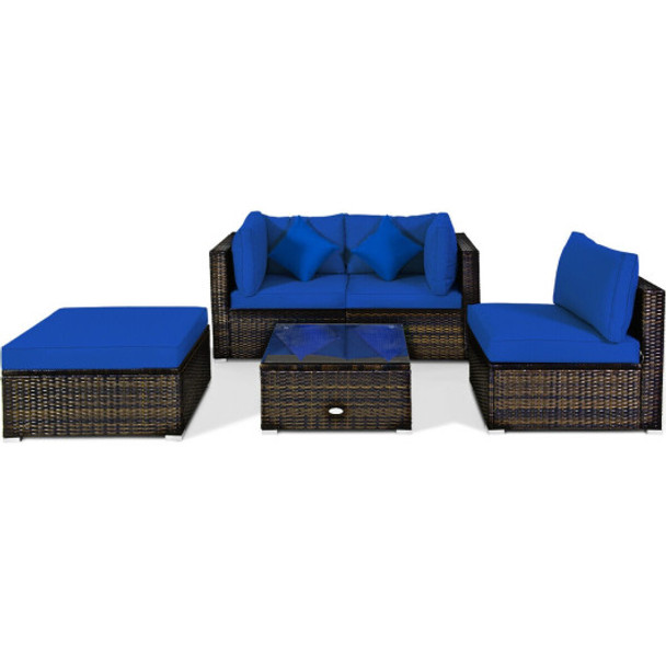 5 Pcs Outdoor Patio Rattan Furniture Set Sectional Conversation with Navy Cushions-Navy