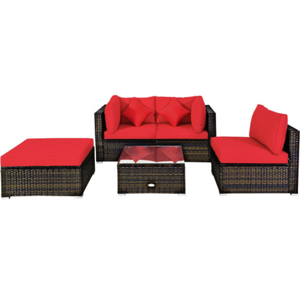 5 Pcs Outdoor Patio Rattan Furniture Set Sectional Conversation with Navy Cushions-Red