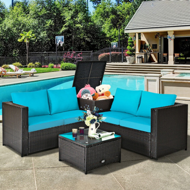 4 Pcs Outdoor Patio Rattan Furniture Set with Cushioned Loveseat and Storage Box-Turquoise