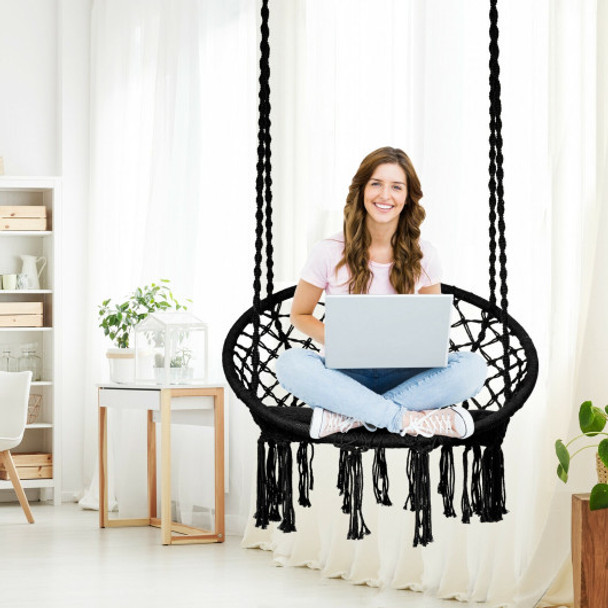 Macrame Cushioned Hanging Swing Hammock Chair-Black