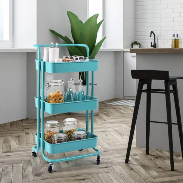 3-Tier Utility Cart Storage Rolling Cart with Casters-Blue