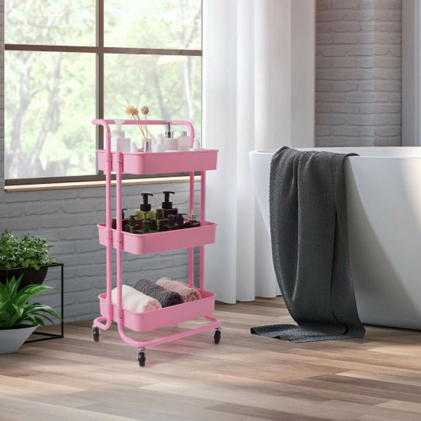 3-Tier Utility Cart Storage Rolling Cart with Casters-Pink