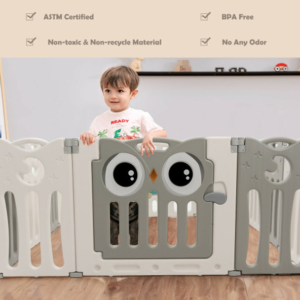 14-Panel Baby Playpen Kids Activity Center Foldable Play Yard with Lock Door-Beige