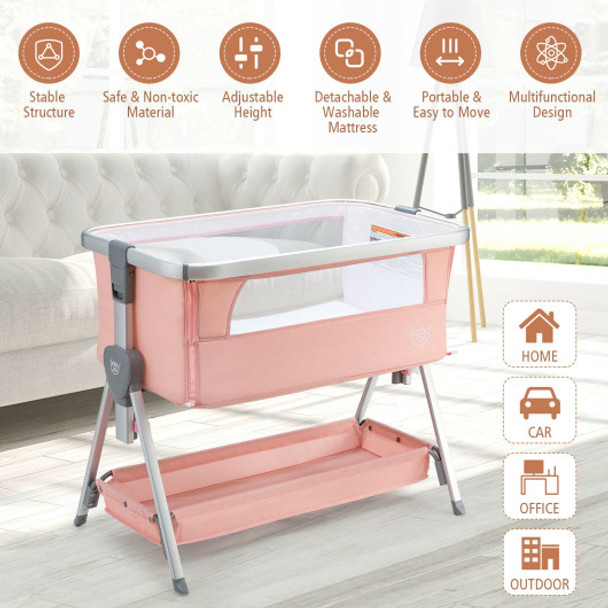 Baby Bed Side Crib Portable Adjustable Infant Travel Sleeper Bassinet-Pink