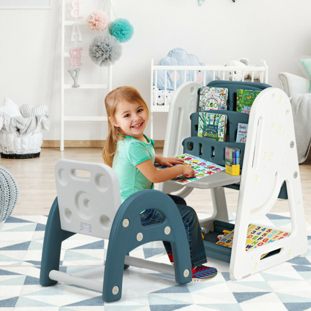 2 in 1 Kids Easel Desk Chair Set Book Rack Adjustable Art Painting Board-Blue