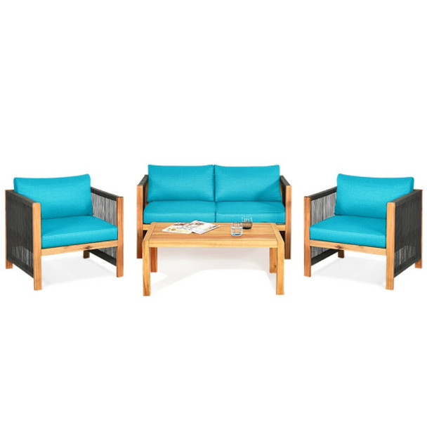 4 Pcs Acacia Wood Outdoor Patio Furniture Set with Cushions-Turquoise