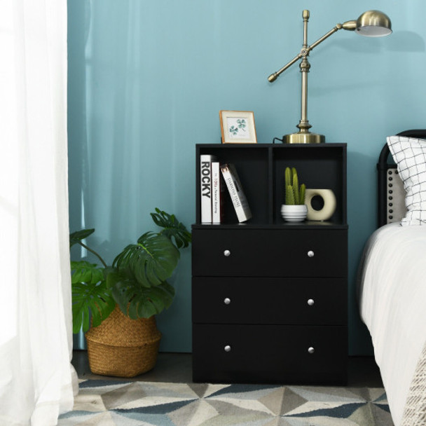 3 Drawer Dresser with Cubbies Storage Chest for Bedroom Living Room-Black