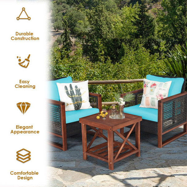 3 Pieces Patio Wicker Furniture Sofa Set with Wooden Frame and Cushion-Turquoise