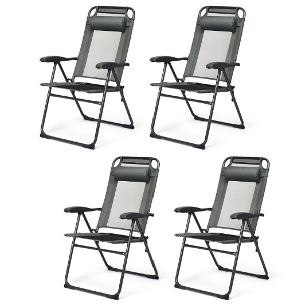 4 Pieces Patio Garden Adjustable Reclining Folding Chairs with Headrest-Gray