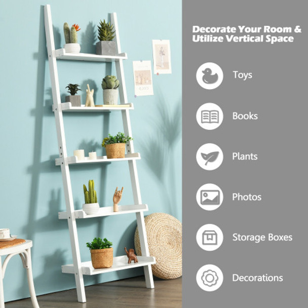 5-Tier Wall-leaning Ladder Shelf  Display Rack for Plants and Books-White