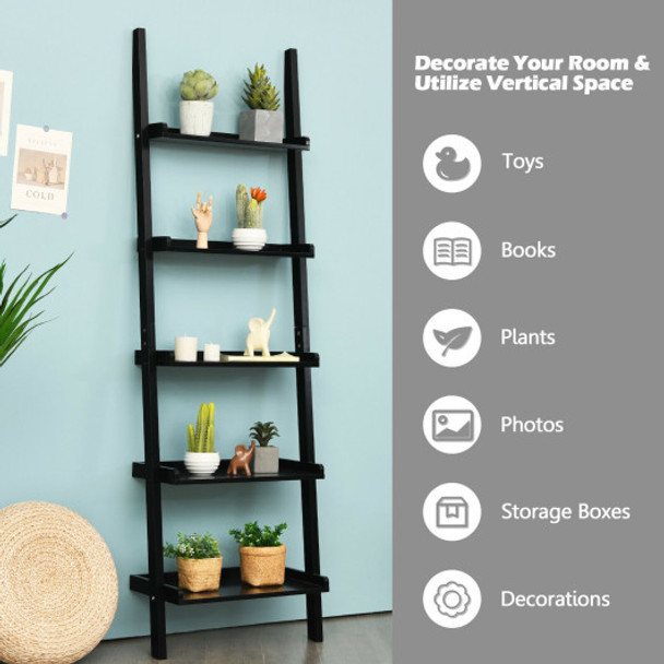 5-Tier Wall-leaning Ladder Shelf  Display Rack for Plants and Books-Black