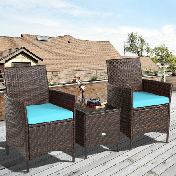 3 Pieces Patio Rattan Furniture Set Cushioned Sofa and Glass Tabletop Deck-Blue
