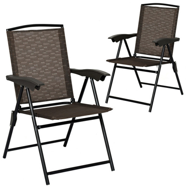 2 Pieces Folding Sling Chairs with Steel Armrest and Adjustable Back for Patio