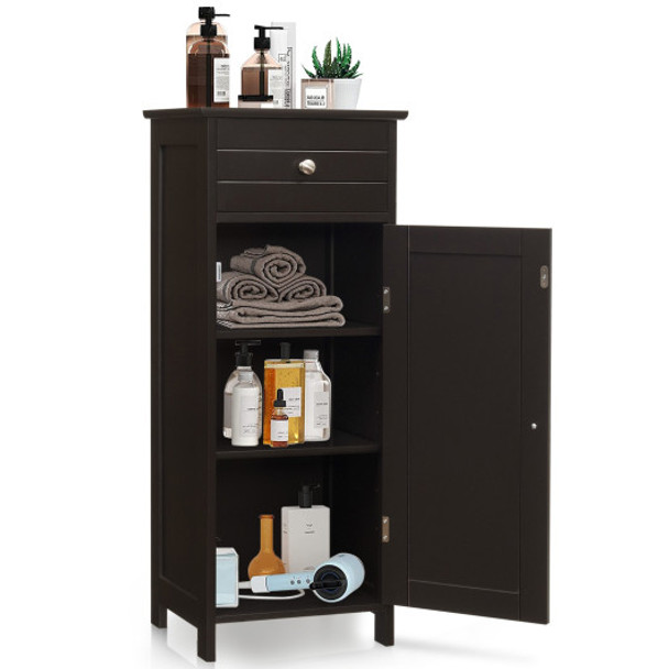 Wooden Storage Free-Standing Floor Cabinet with Drawer and Shelf-Brown