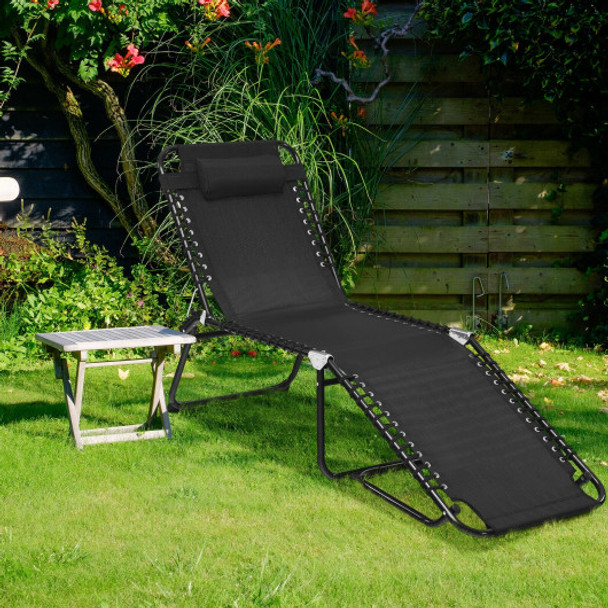 Folding Heightening Design Beach Lounge Chair with Pillow for Patio-Black