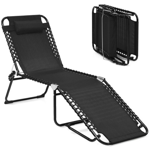 Folding Heightening Design Beach Lounge Chair with Pillow for Patio-Black