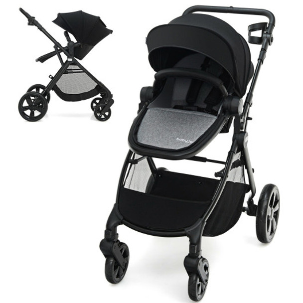 Foldable High Landscape Baby Stroller with Reversible Reclining Seat-Black
