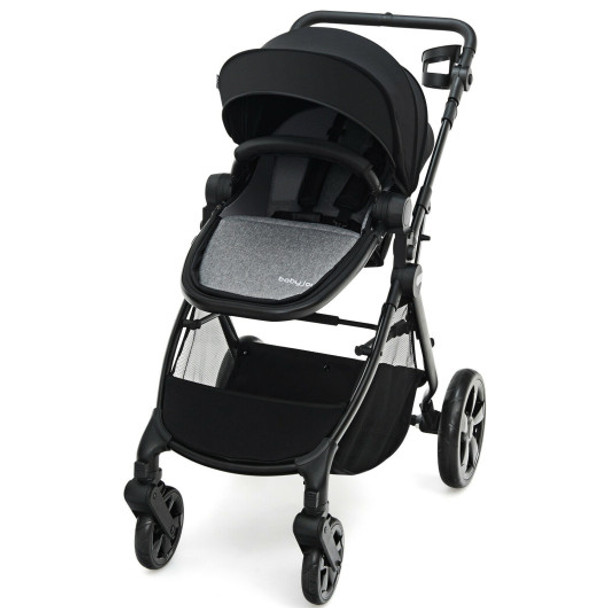 Foldable High Landscape Baby Stroller with Reversible Reclining Seat-Black