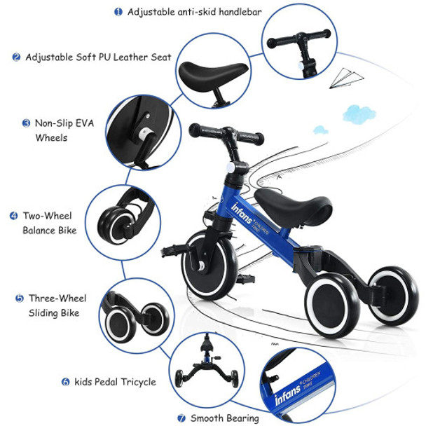 3 in 1 3 Wheel Kids Tricycles with Adjustable Seat and Handlebarfor Ages 1-3-Blue