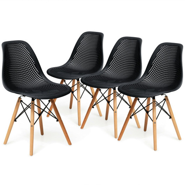 4 Pieces Modern Plastic Hollow Chair Set with Wood Leg-Black