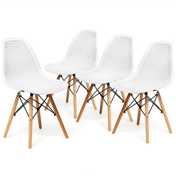 4 Pcs Modern Plastic Hollow Chair Set with Wood Leg-White