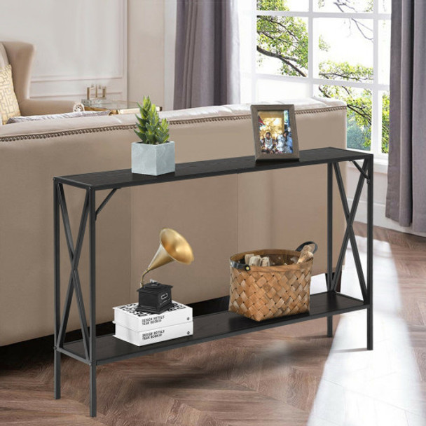 2 Tier Narrow Accent Side Entryway Metal Frame Console Table -Coffee