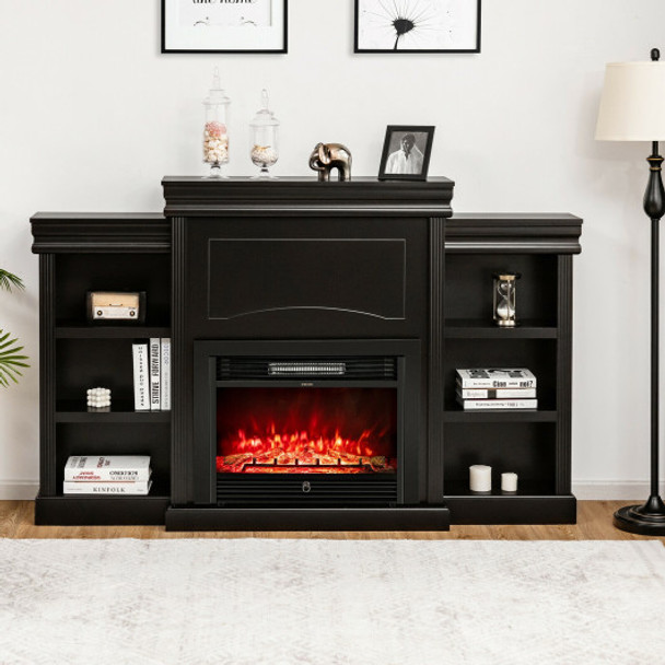 70 Inch Modern Fireplace Media Entertainment Center with Bookcase-Black
