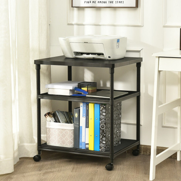 3 Tier Printer Stand Rolling Fax Cart with Adjustable Shelf and Swivel Wheels