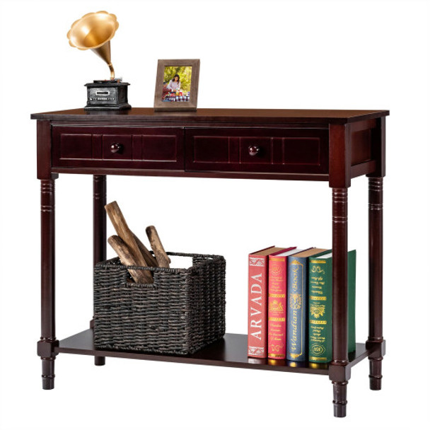 Console Accent Sofa Table with Drawers and Bottom Shelf-Brown