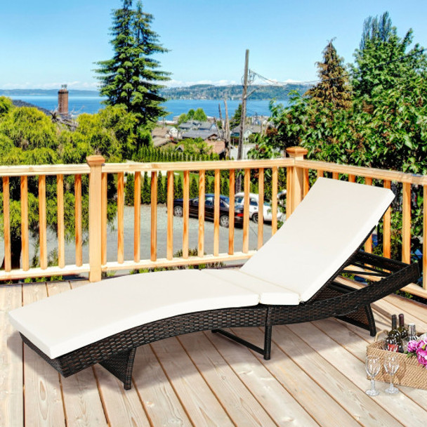 Patio Folding Adjustable Rattan Chaise Lounge Chair with Cushion-White