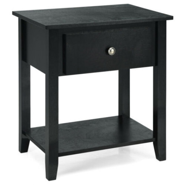 Nightstand with Drawer and Storage Shelf for Bedroom Living Room-Black