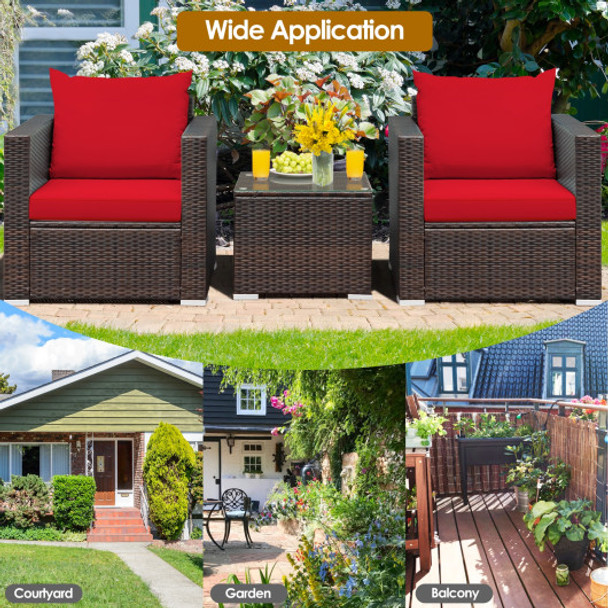 3 Pcs Patio Conversation Rattan Furniture Set with Cushion-Red