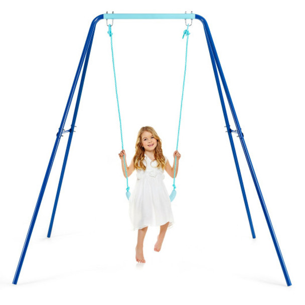Outdoor Kids Swing Set with Heavy Duty Metal A-Frame and Ground Stakes-Blue