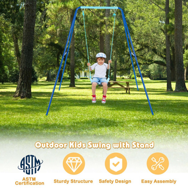 Outdoor Kids Swing Set with Heavy Duty Metal A-Frame and Ground Stakes-Blue