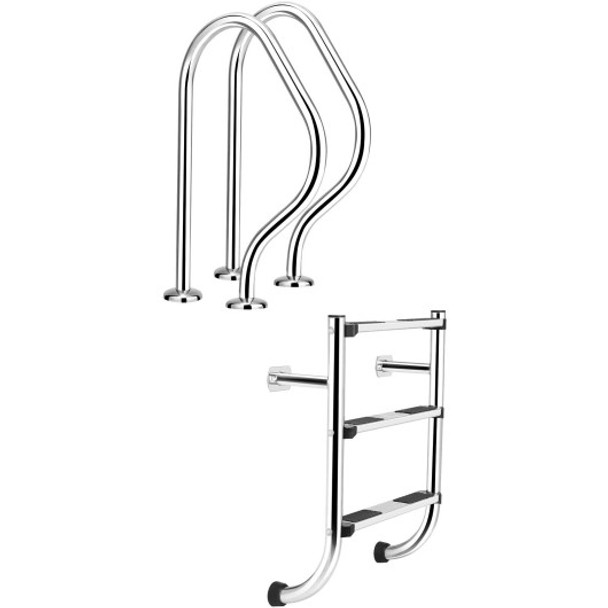 Split Swimming Pool Ladder Stainless Steel 3-Step Ladder and 2 Handrails