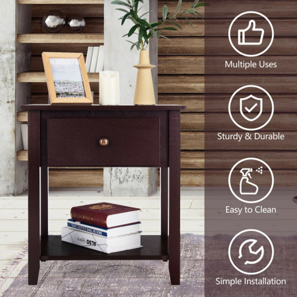 Nightstand with Drawer and Storage Shelf for Bedroom Living Room-Espresso