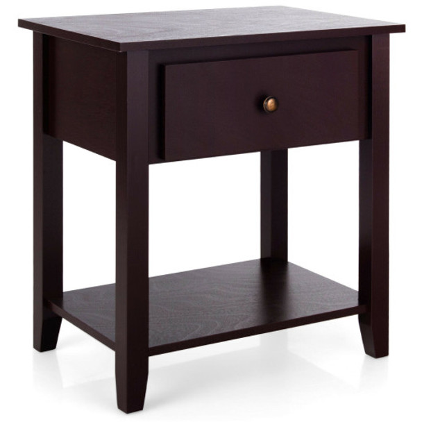 Nightstand with Drawer and Storage Shelf for Bedroom Living Room-Espresso