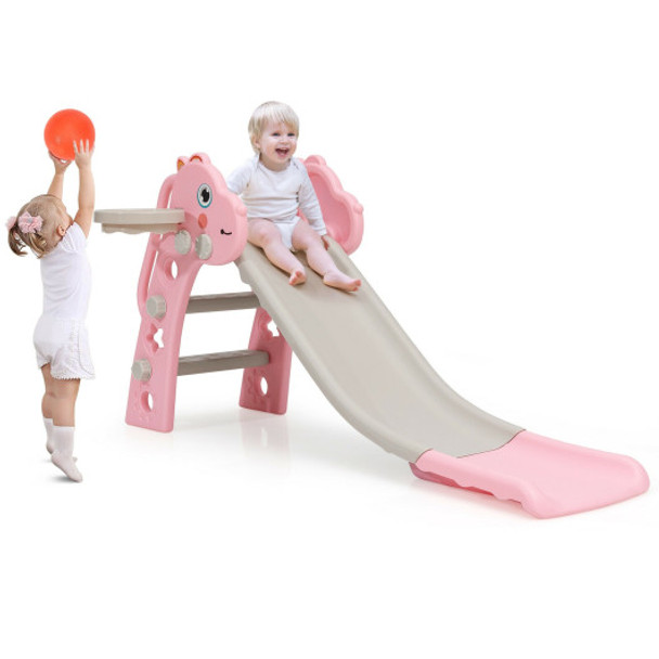 3 in 1 Kids Slide Baby Play Climber Slide Set with Basketball Hoop -Pink