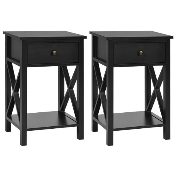 2pcs Bedroom Side End Nightstand with Drawer-Black