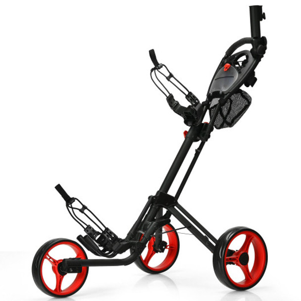 Folding 3 Wheels Golf Push Cart with Brake Scoreboard Adjustable Handle-Red