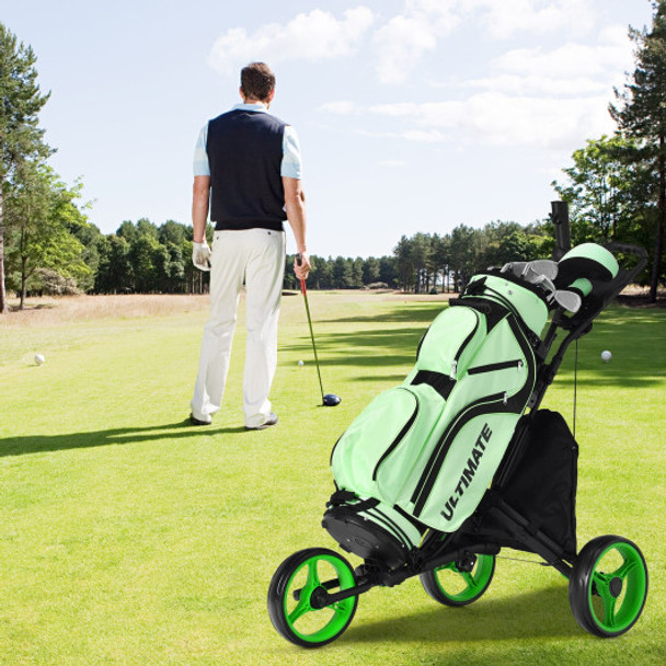 Folding 3 Wheels Golf Push Cart with Bag Scoreboard Adjustable Handle -Green