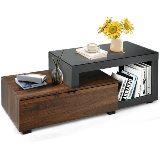 Modern Chic Glass Top Cocktail Coffee Table with Storage Cabinet